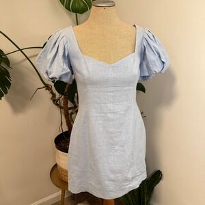 BEC BRIDGE‎ Blue Puff Sleeve Square Neck Mini Dress Linen Blend Occasion Party